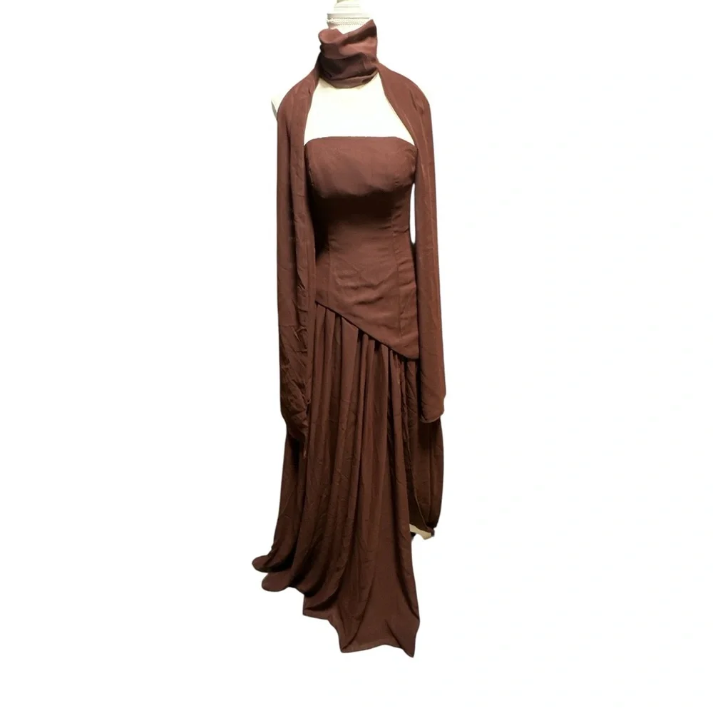 NWT, Elegant Chocolate Brown Strapless Dress With Scarf / Shoulder Cover‎